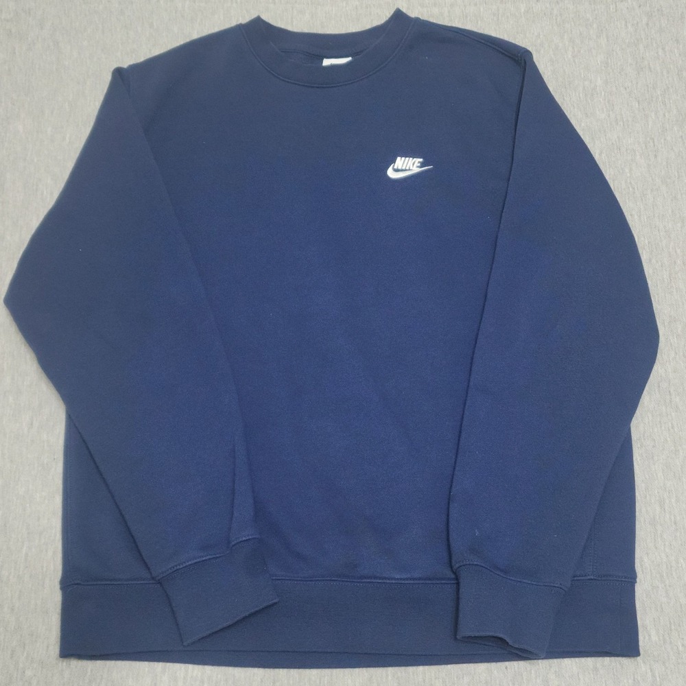 Nike Sweatshirt Mens L Navy Blue Club Fleece Crewneck Pullover Swoosh Athletic - Picture 1 of 7